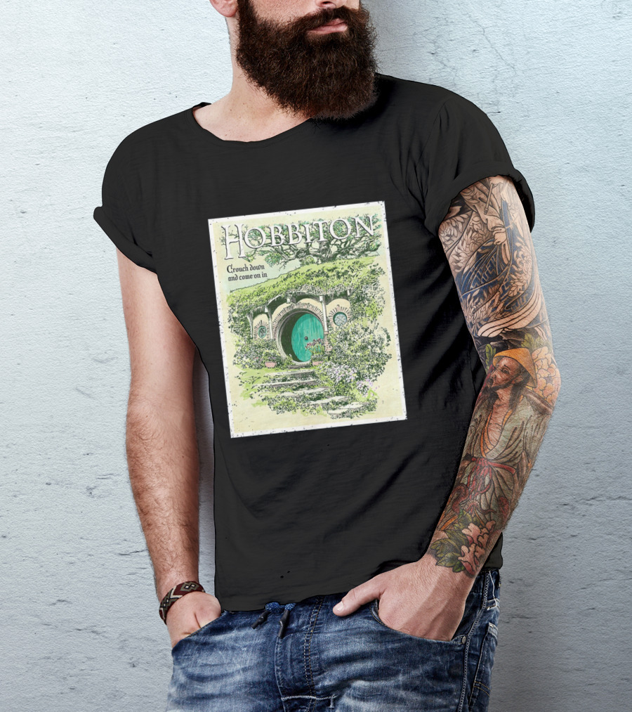 Hobbiton Crouch Down And Come On In With Illustrated Green Door And Garden Path T-Shirt