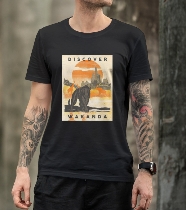Discover Wakanda Panther And Futuristic Cityscape With Sunset T-Shirt
