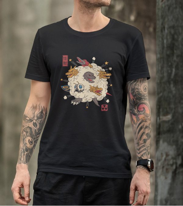 Kaiju Rumble Monster Battle Scene With Nuclear Symbol And Japanese Characters T-Shirt
