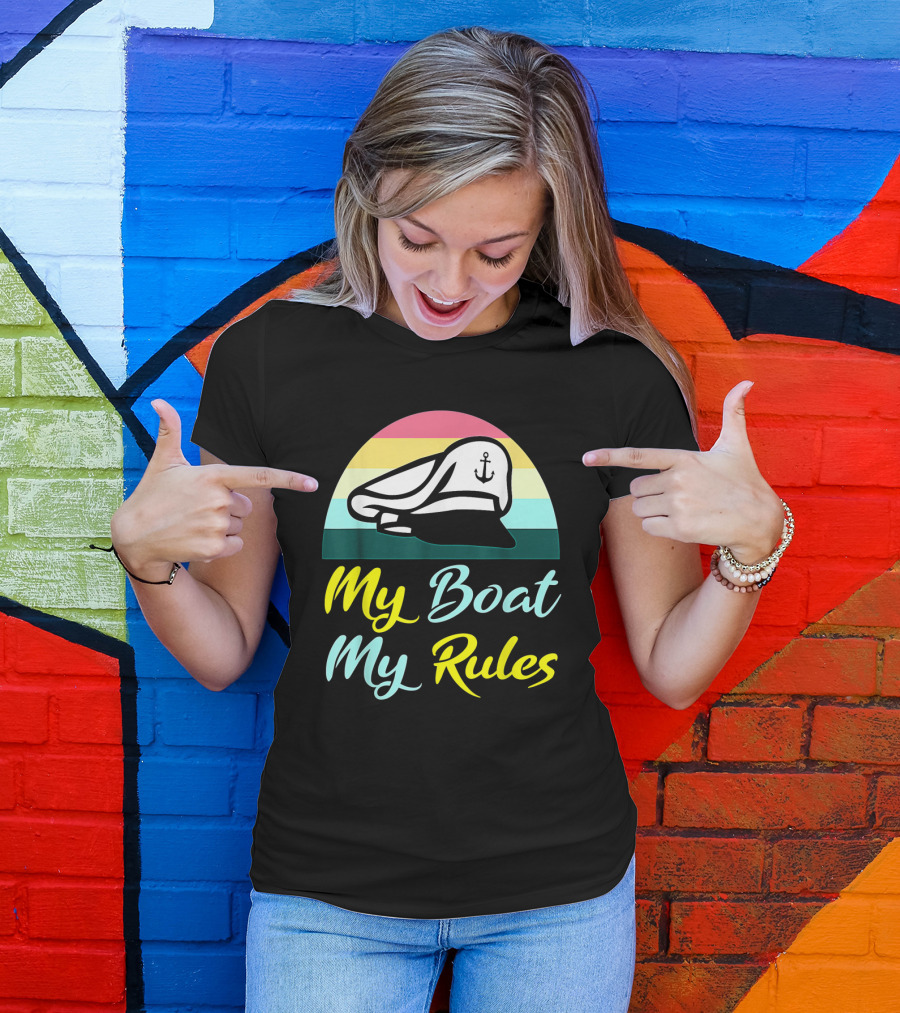 My Boat My Rules Sailor Captain Hat With Anchor Icon Retro Colors T-Shirt