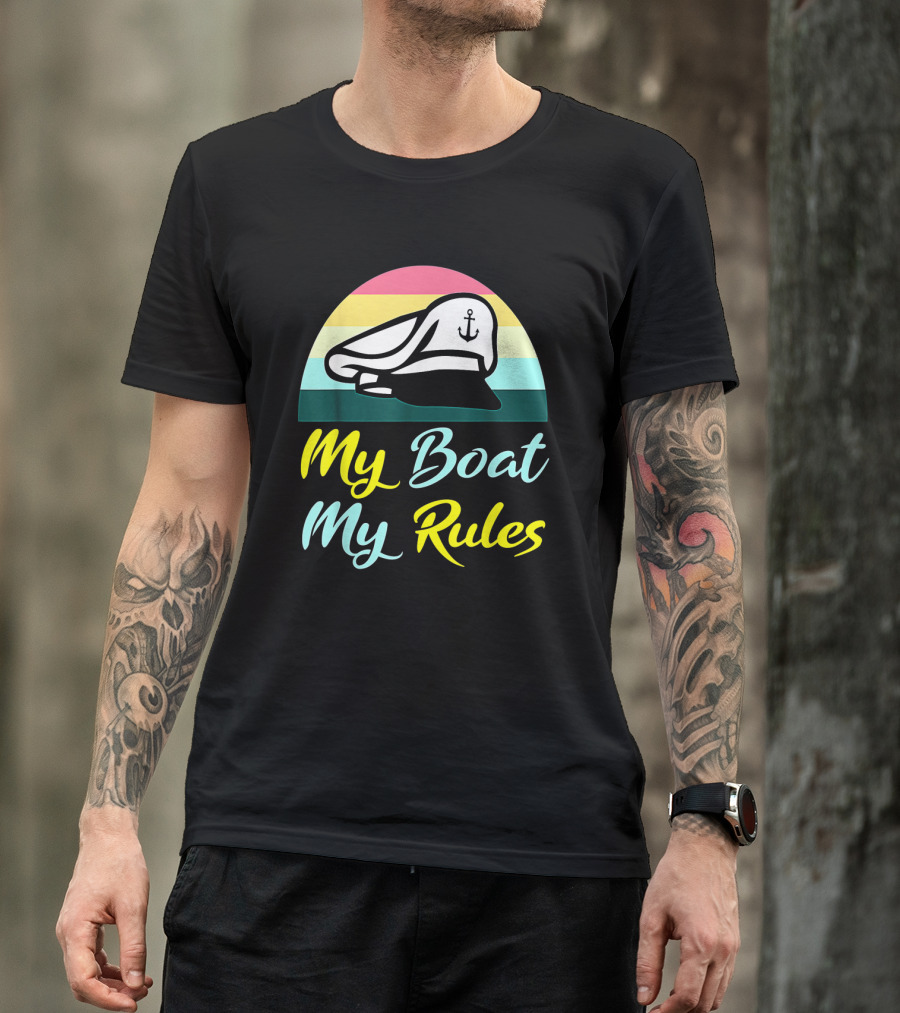 My Boat My Rules Sailor Captain Hat With Anchor Icon Retro Colors T-Shirt