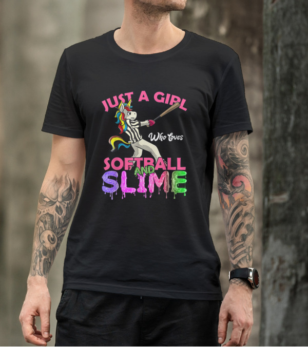 Just A Girl Who Loves Softball And Slime Unicorn With Colorful Bat-Wielding Character T-Shirt