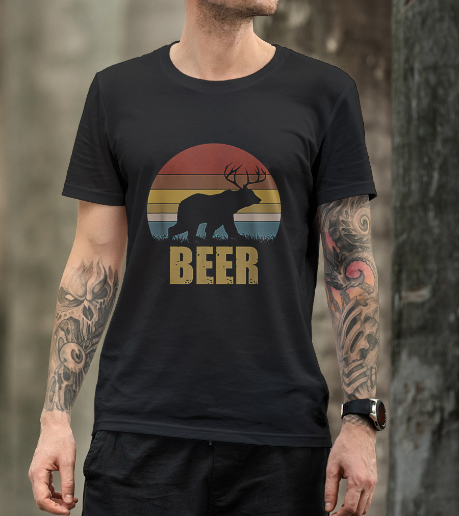 Retro Deer Bear Silhouette With Antlers Sunset Design Beer T-Shirt