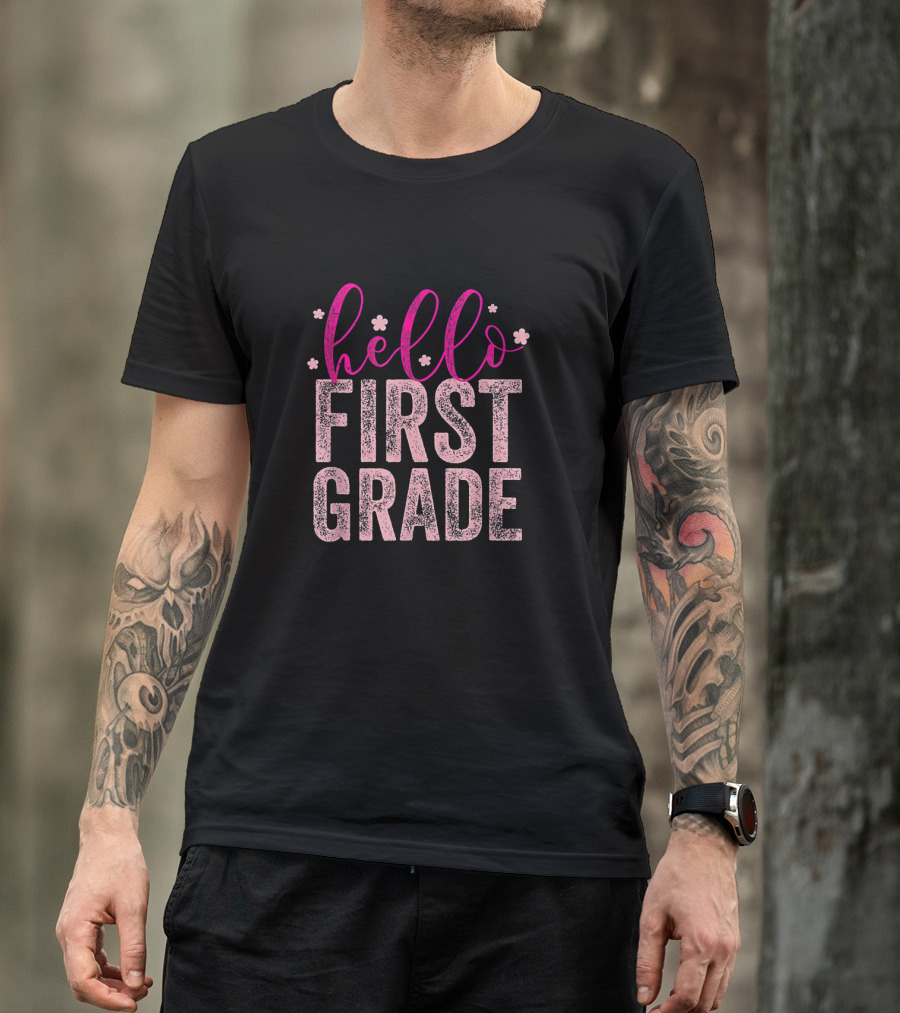 Hello First Grade Cute Pink Glitter Text For Welcome Back To School T-Shirt