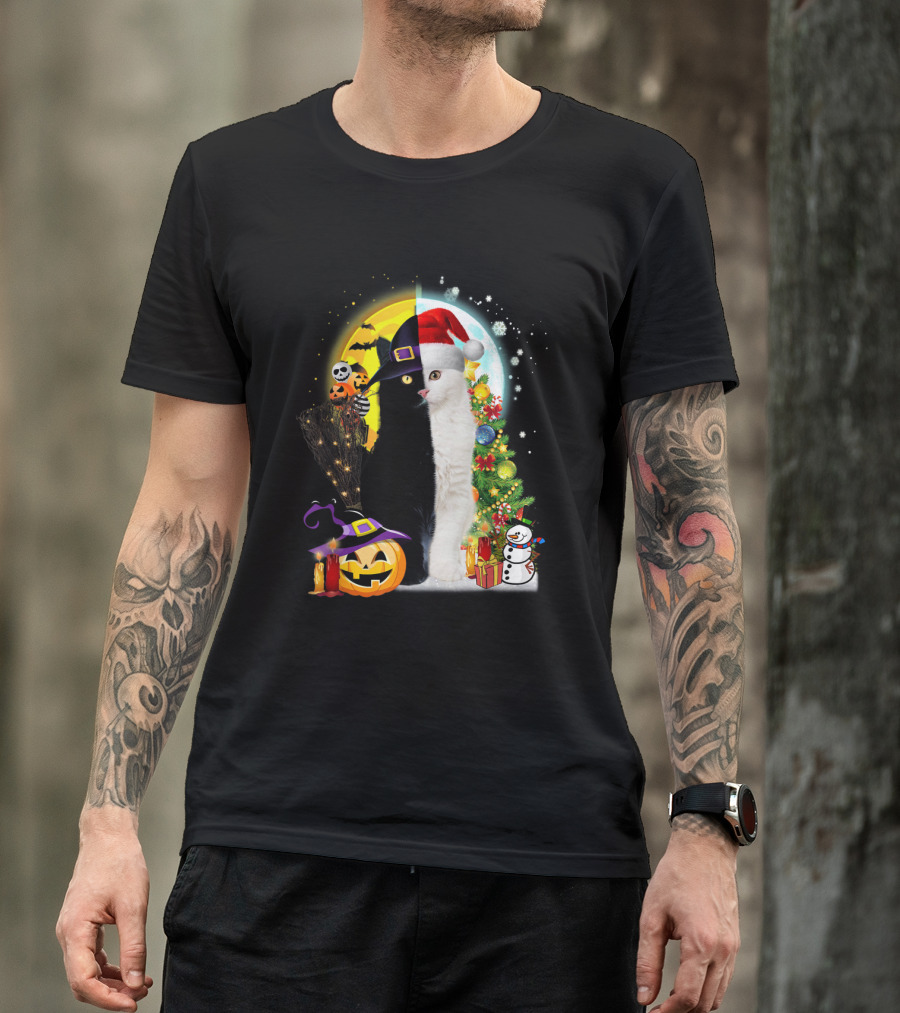 Black And White Cat Halloween Pumpkin Witch Hat And Merry Christmas Tree Santa Hat Snowman T-Shirt