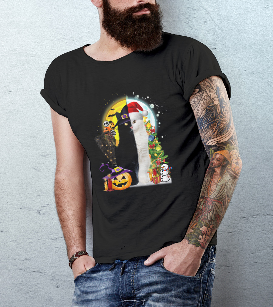Black And White Cat Halloween Pumpkin Witch Hat And Merry Christmas Tree Santa Hat Snowman T-Shirt