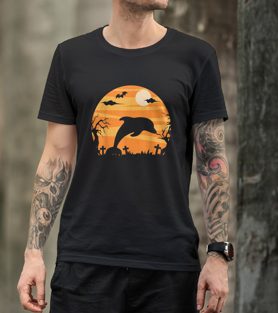 Dolphin Halloween Moon Graveyard Scene With Bats And Trees T-Shirt
