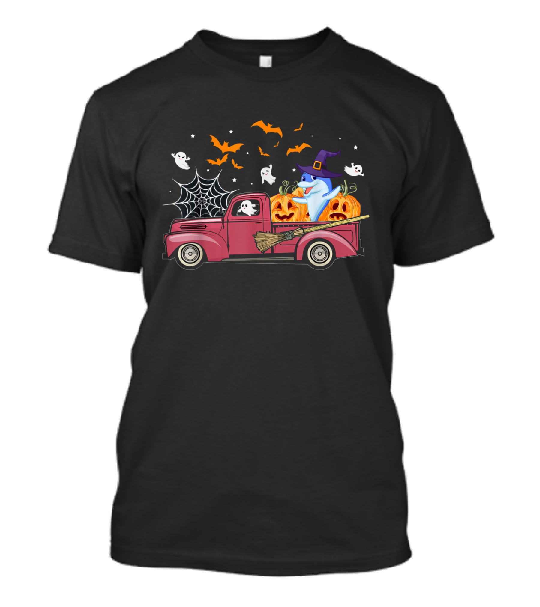 Halloween Ghost Dolphin Riding Red Truck With Pumpkins And Witch Hat T-Shirt