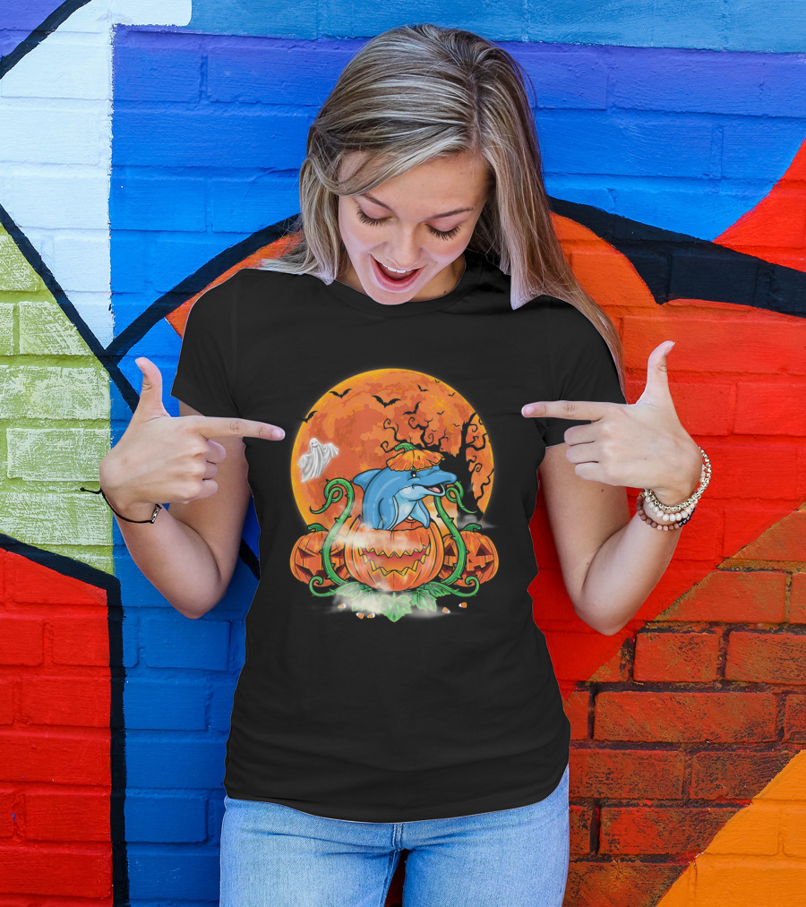 Dolphin Inside Pumpkin With Halloween Moon And Ghost T-Shirt