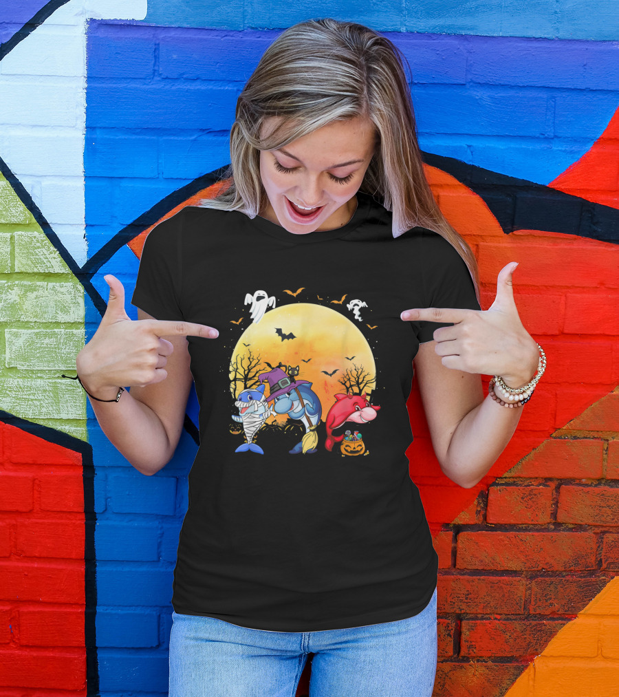 Halloween Dolphins: Mummy, Witch, And Devil With Ghosts And Bats T-Shirt