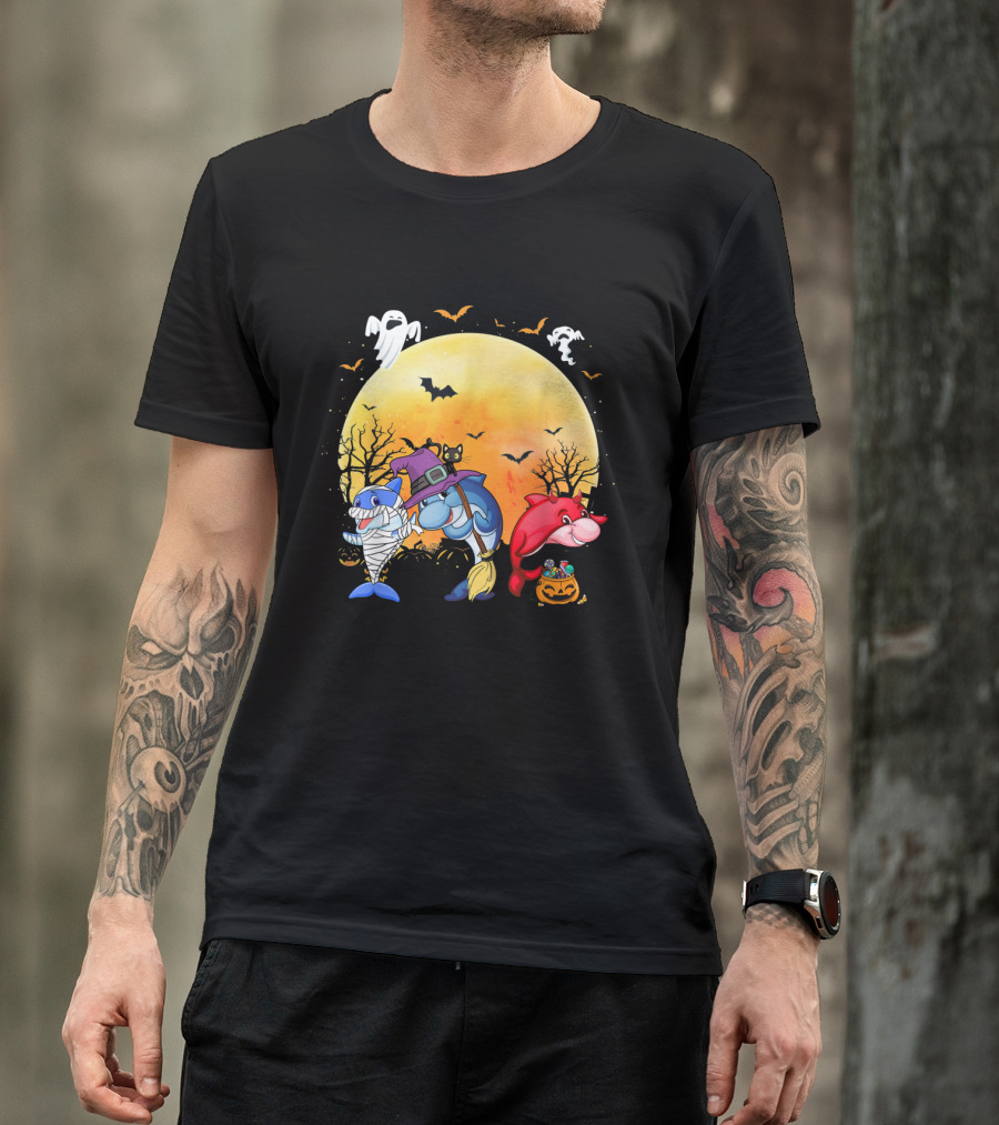 Halloween Dolphins: Mummy, Witch, And Devil With Ghosts And Bats T-Shirt