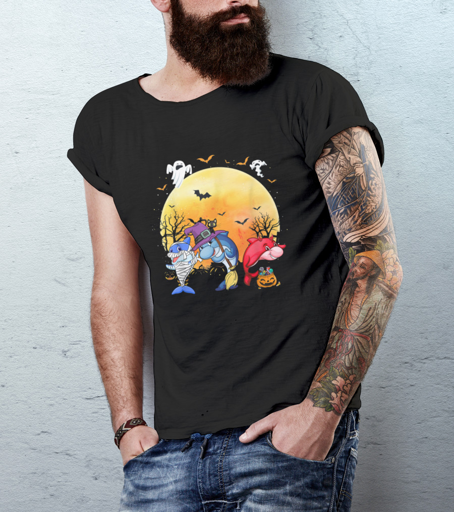 Halloween Dolphins: Mummy, Witch, And Devil With Ghosts And Bats T-Shirt