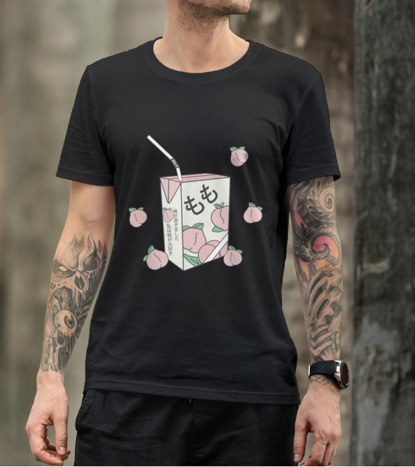 90s Japanese Aesthetic Otaku Anime Peach Juice Box With Kanji And Pastel Peaches T-Shirt