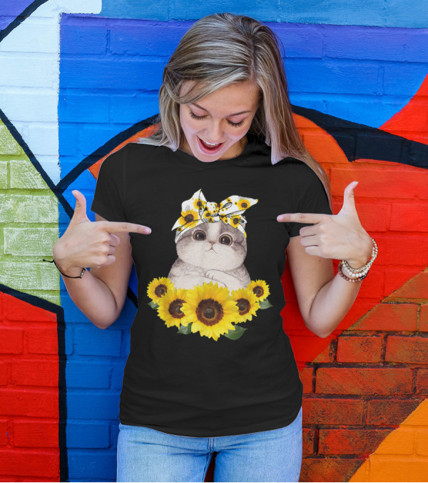 Sunflower Cat Headband Adorable Cats Lovers T-Shirt
