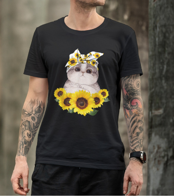 Sunflower Cat Headband Adorable Cats Lovers T-Shirt