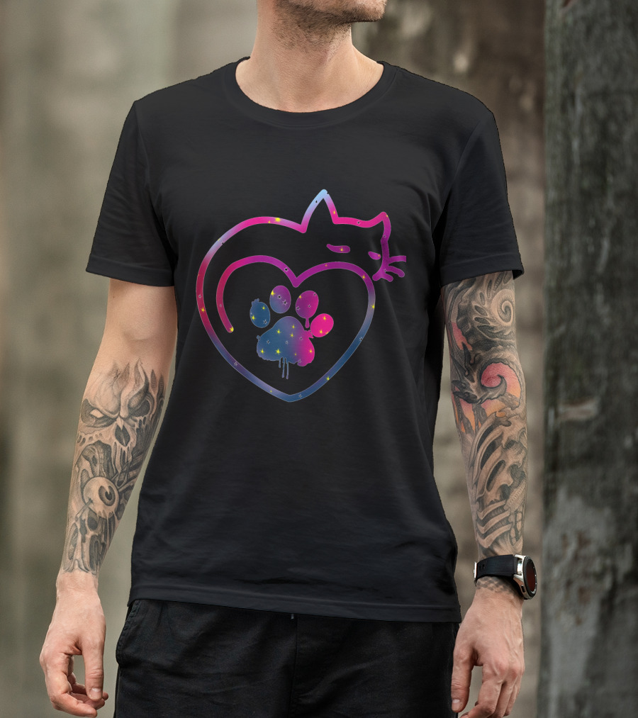 Cute Colorful Cat And Paw Heart Design For Kitty Lovers T-Shirt