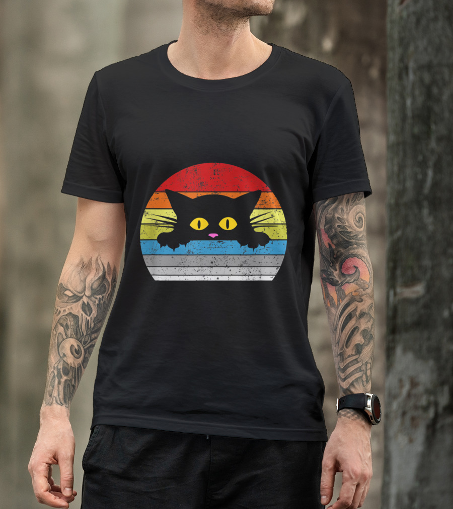 Vintage Rainbow Cat Peeking Retro 80s Style For Cat Lovers T-Shirt
