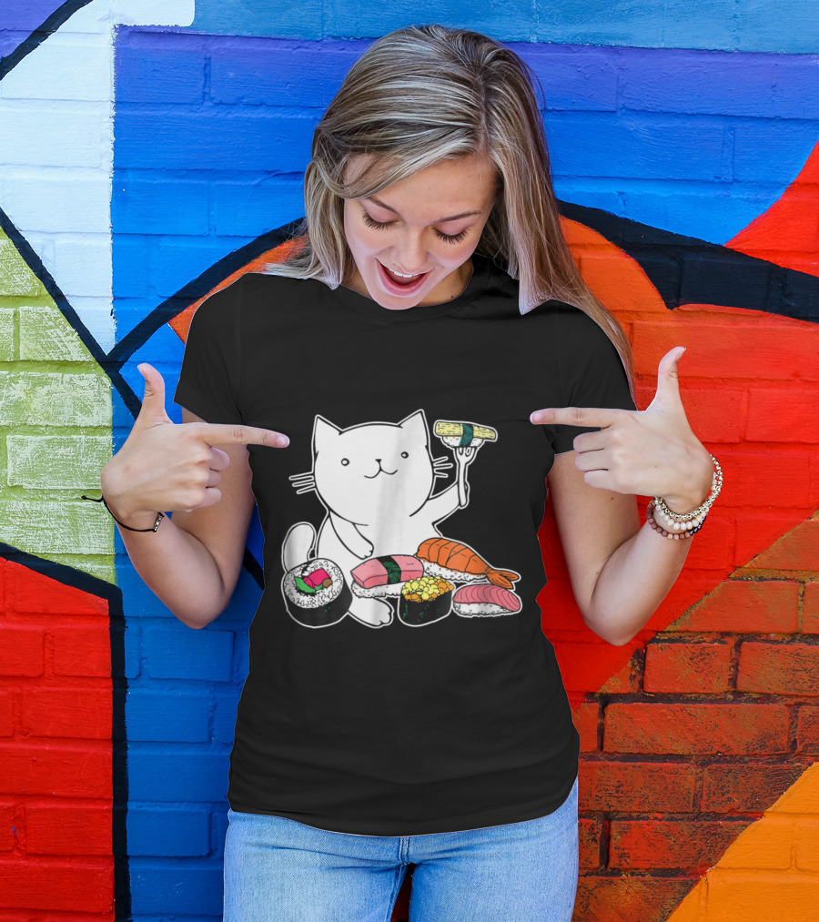 Playful Cat Enjoying Colorful Sushi Plate T-Shirt
