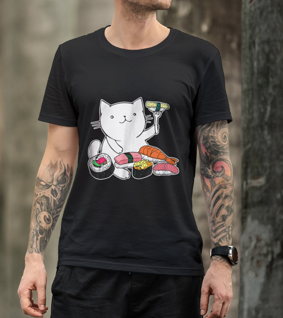 Playful Cat Enjoying Colorful Sushi Plate T-Shirt