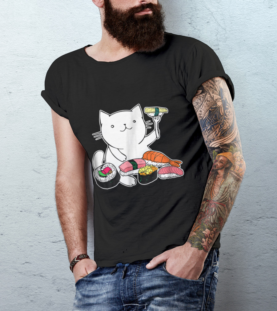 Playful Cat Enjoying Colorful Sushi Plate T-Shirt
