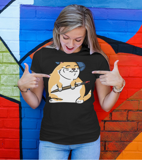 Funny Cat French Artist As Feline Claude Monet Parody With Paintbrush And Beret T-Shirt
