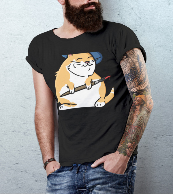 Funny Cat French Artist As Feline Claude Monet Parody With Paintbrush And Beret T-Shirt