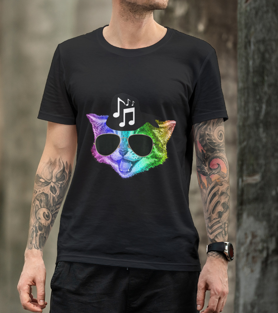 Colorful Rainbow DJ Music Kitty With Sunglasses And Hat For Feline Cat Lovers T-Shirt