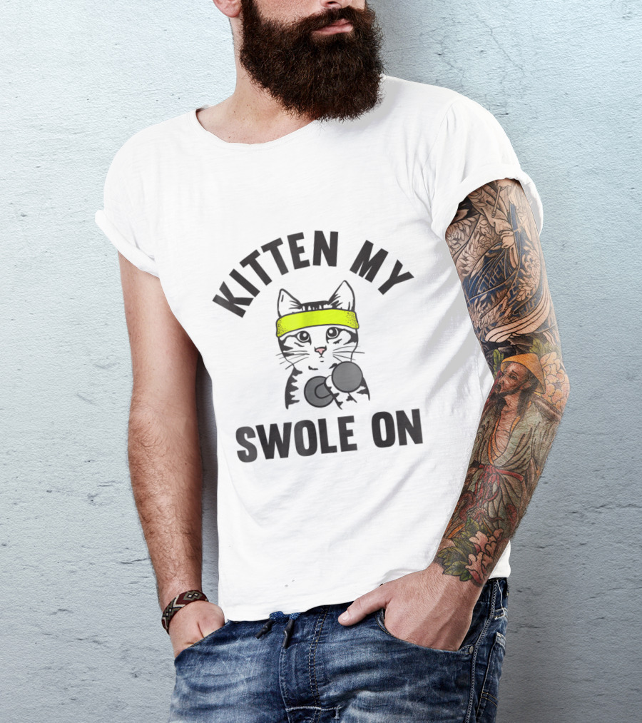 Kitten My Swole On Funny Cat Lover Gym Workout With Dumbbell And Neon Headband T-Shirt