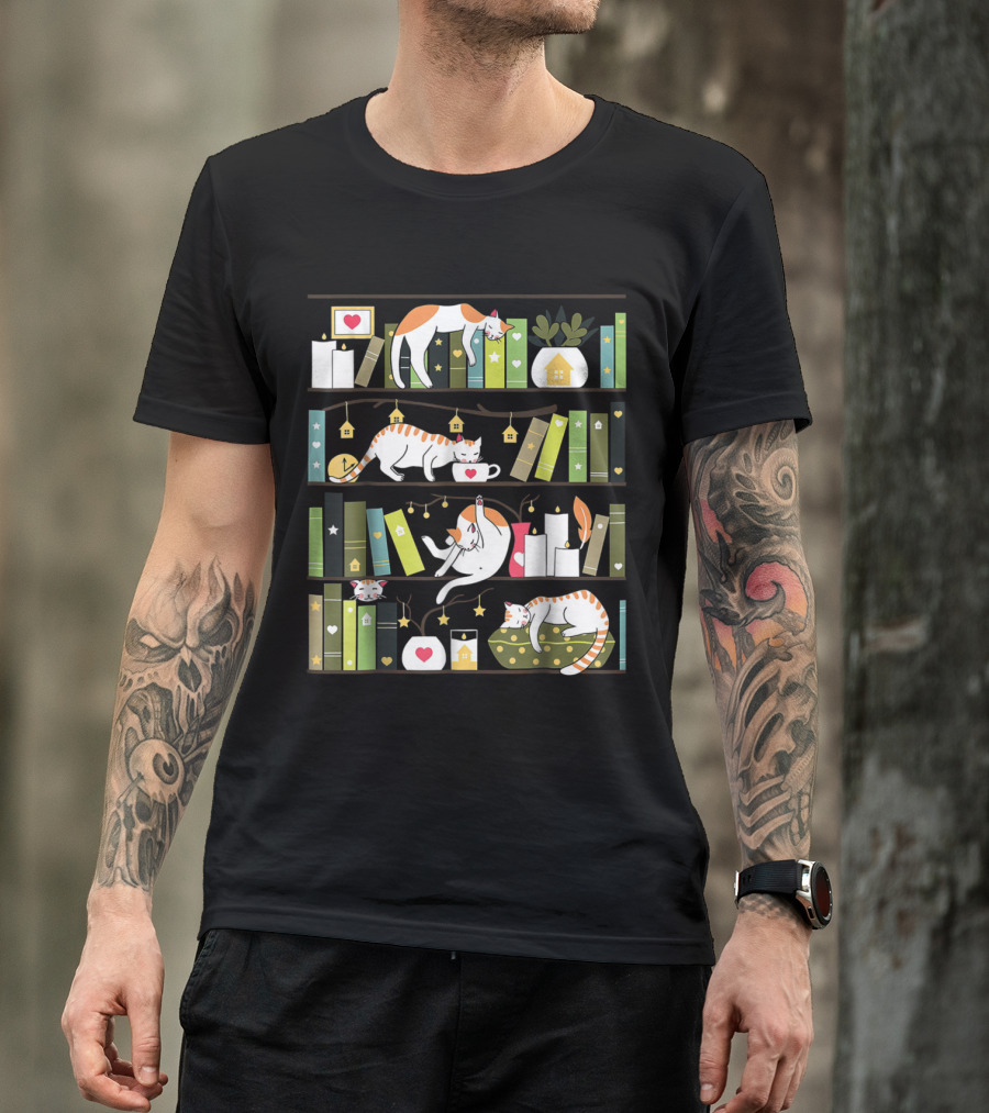 Library Cats Delightful Shelves Adorable Cats Book Lovers Day Charm T-Shirt