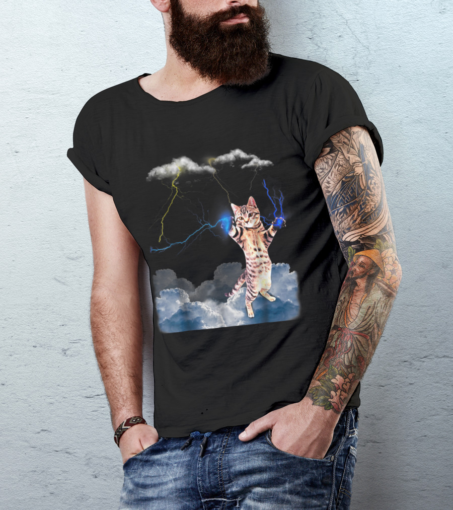 Lightning Cat With Stormy Clouds And Electric Bolts T-Shirt