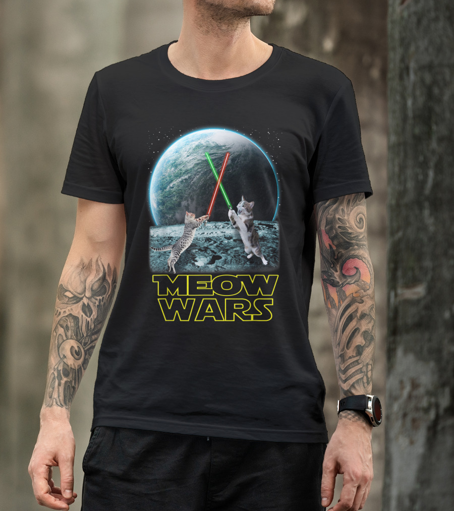 Meow Wars Funny Cats Lovers Galactic Duel With Light Sabers T-Shirt