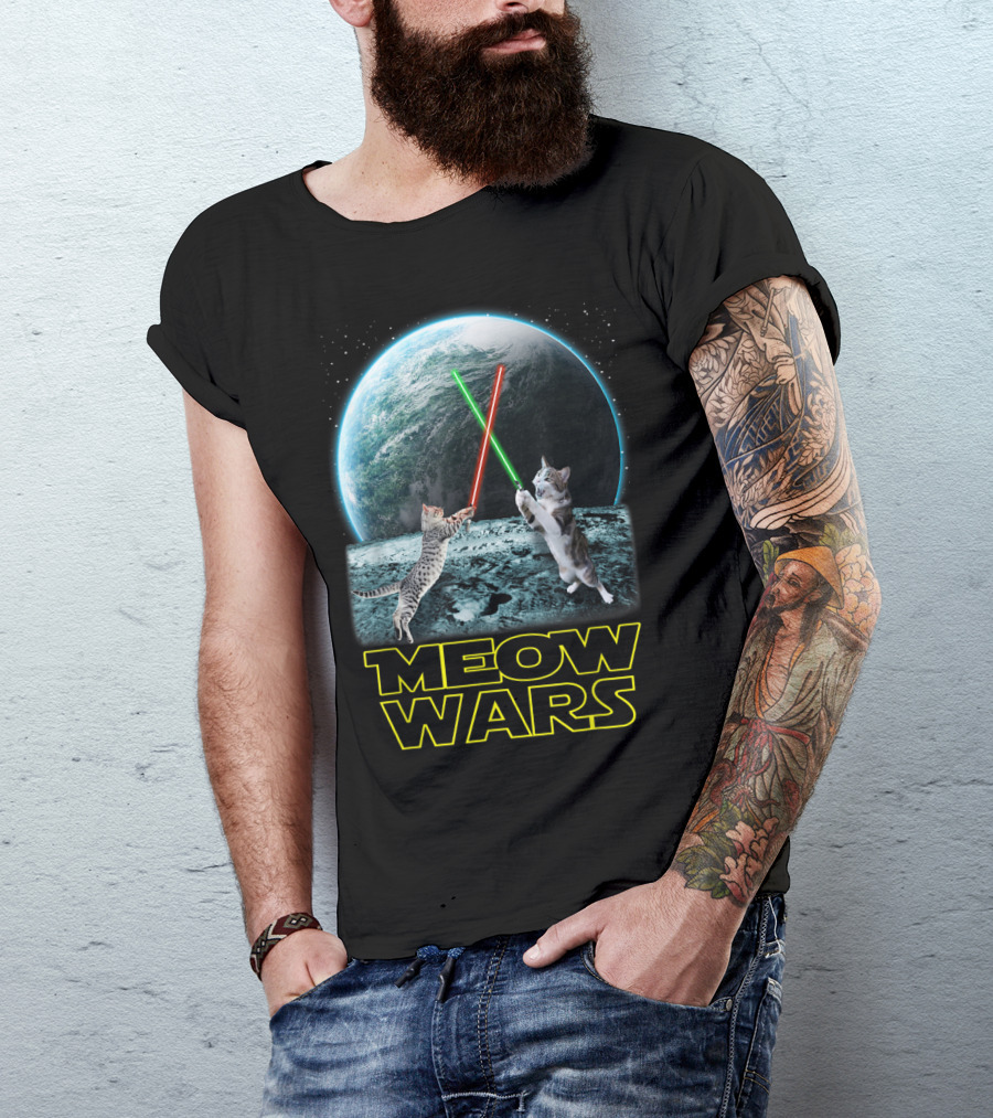 Meow Wars Funny Cats Lovers Galactic Duel With Light Sabers T-Shirt