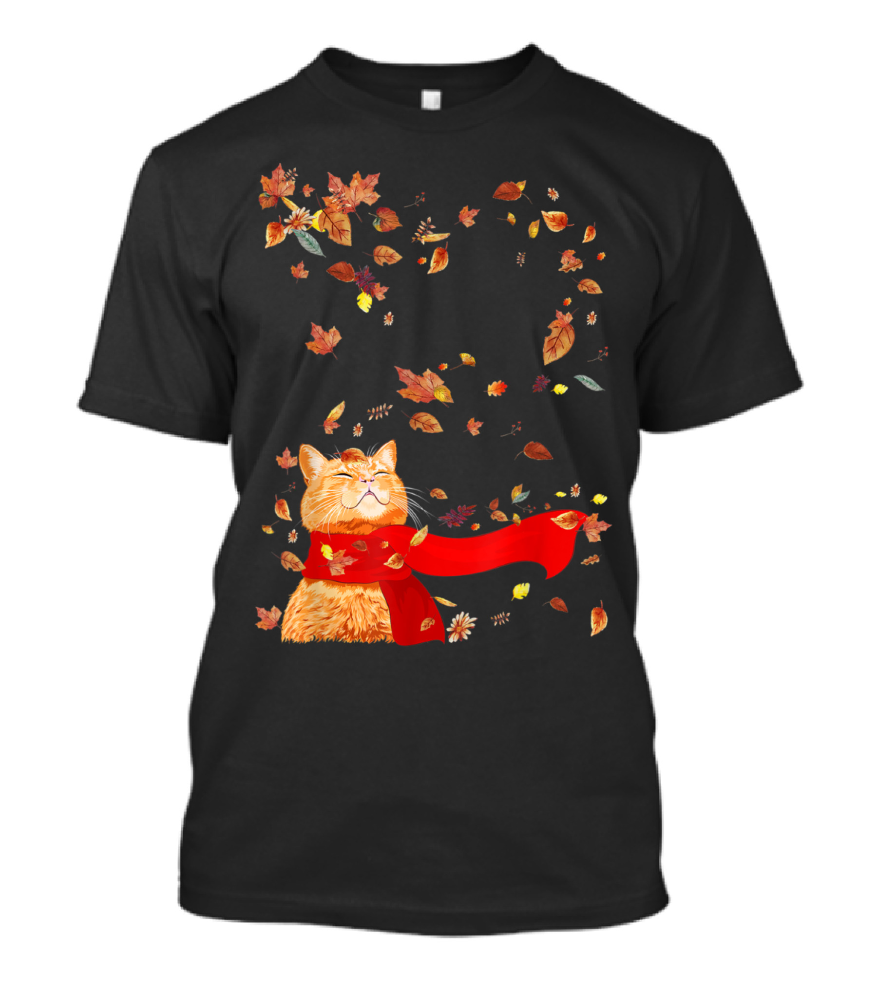 Maple Leaf Autumn Cat With Red Scarf Surrounded By Falling Leaves For Funny Kitten Lover T-Shirt