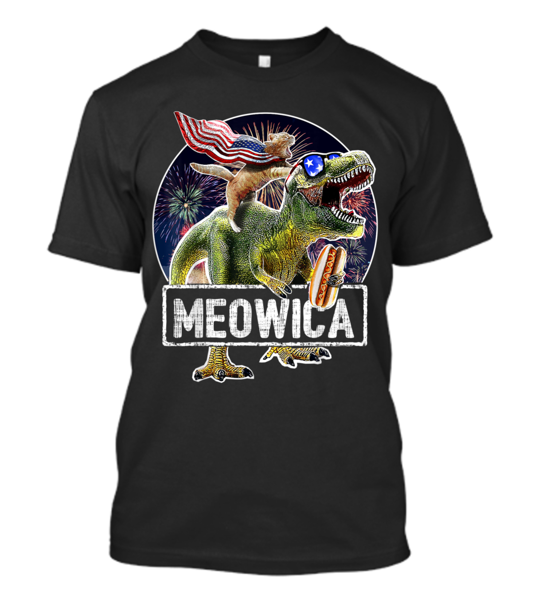 Meowica 4th Of July Cat On T-Rex With Hotdog And American Flag Sunglasses Fireworks T-Shirt