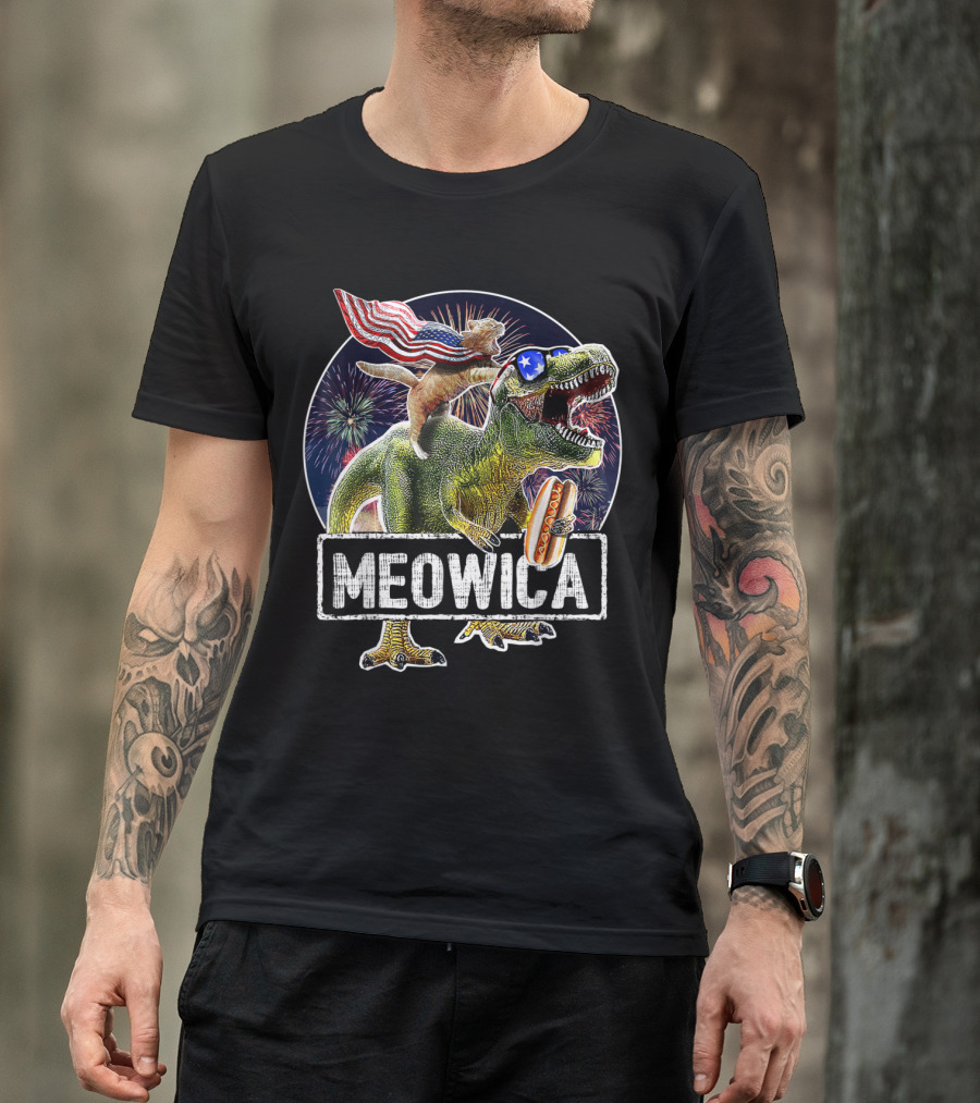 Meowica 4th Of July Cat On T-Rex With Hotdog And American Flag Sunglasses Fireworks T-Shirt