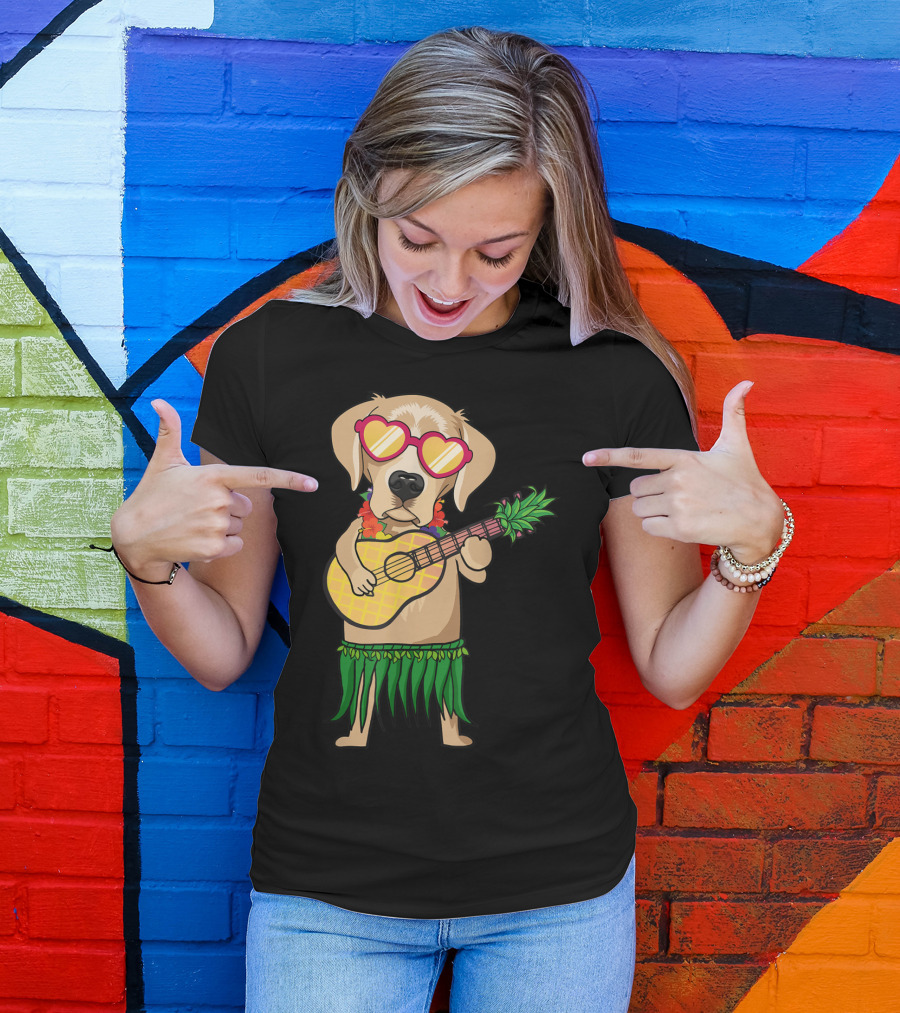 Labrador Retriever Ukulele Playing In Hawaiian Costume With Sunglasses Summer Vibes T-Shirt