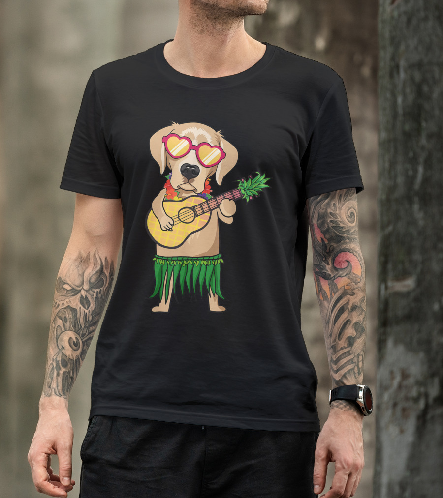 Labrador Retriever Ukulele Playing In Hawaiian Costume With Sunglasses Summer Vibes T-Shirt