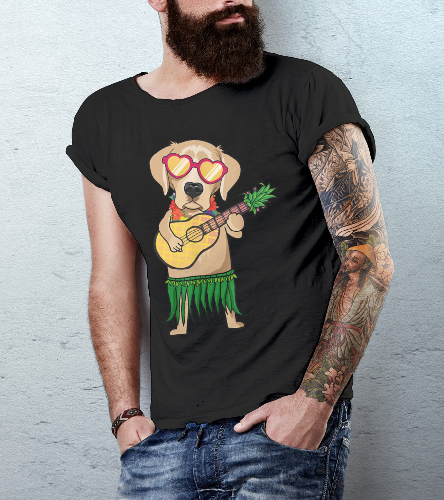 Labrador Retriever Ukulele Playing In Hawaiian Costume With Sunglasses Summer Vibes T-Shirt