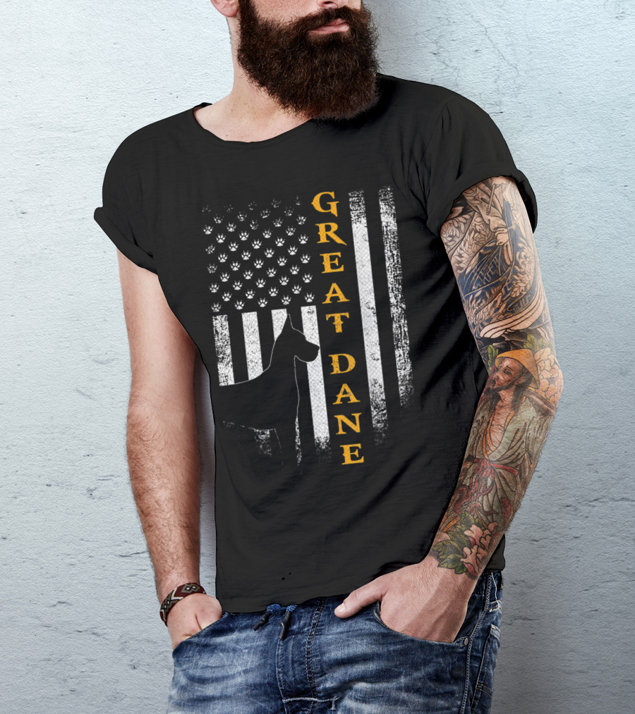 Great Dane American Flag Paw Print Vintage USA Dog T-Shirt