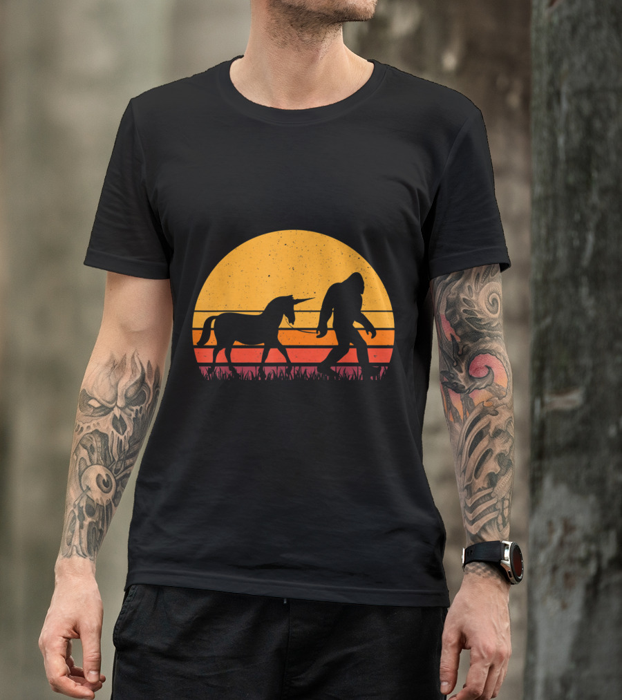 Bigfoot Sasquatch Walking Unicorn Retro Sunset T-Shirt