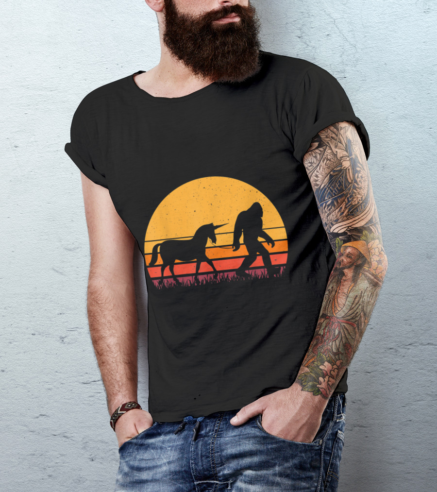 Bigfoot Sasquatch Walking Unicorn Retro Sunset T-Shirt