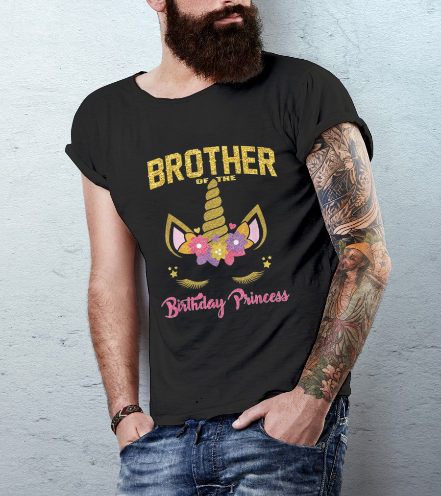 Brother Of The Birthday Princess Unicorn Flowers Hearts T-Shirt