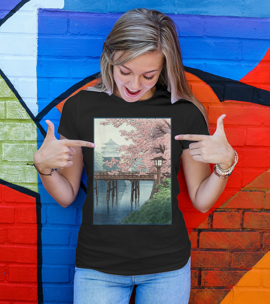Japanese Cherry Blossom Woodblock Bridge And Pagoda Scene T-Shirt