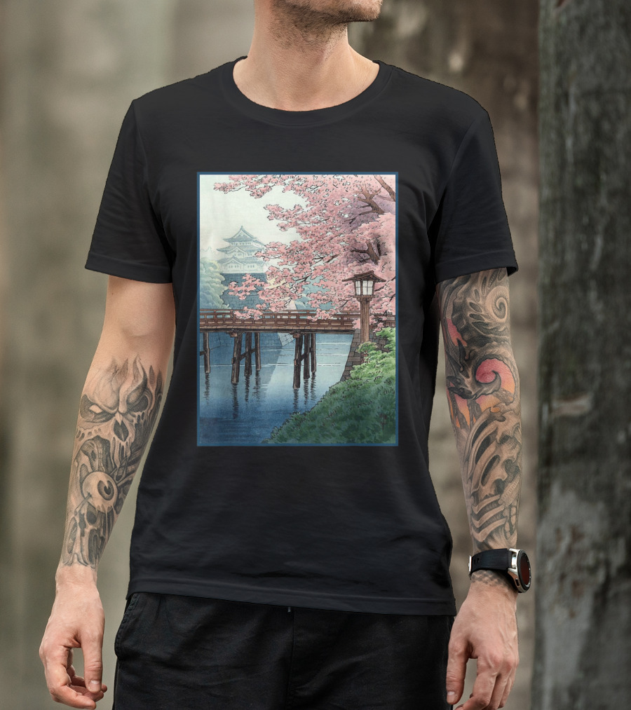 Japanese Cherry Blossom Woodblock Bridge And Pagoda Scene T-Shirt