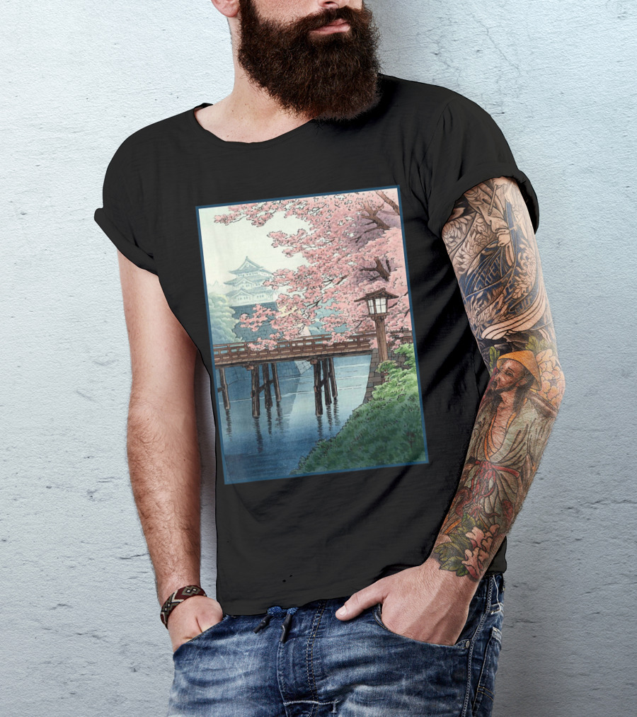 Japanese Cherry Blossom Woodblock Bridge And Pagoda Scene T-Shirt