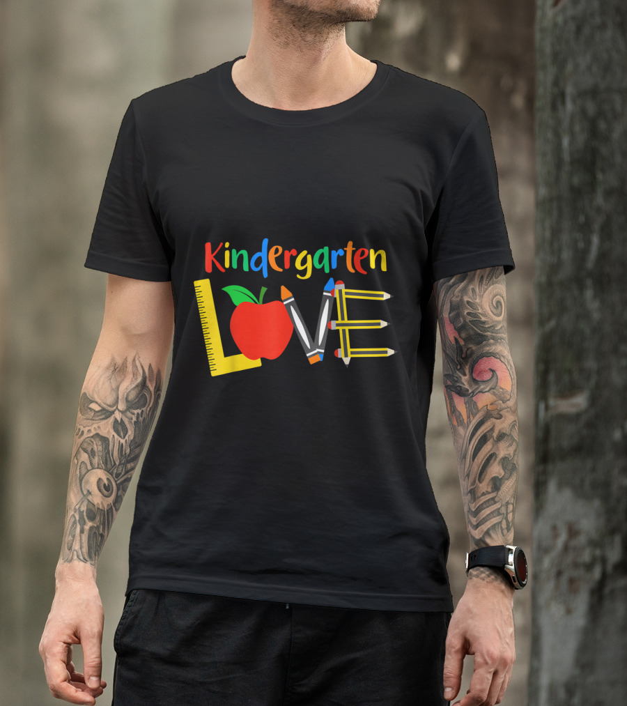 Kindergarten Love Apple Ruler Crayons Pencils T-Shirt