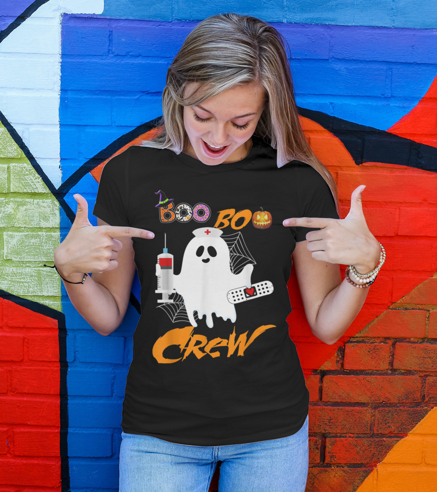 Boo Boo Crew Nurse Ghost Funny Halloween Costume With Syringe And Spider Webs T-Shirt