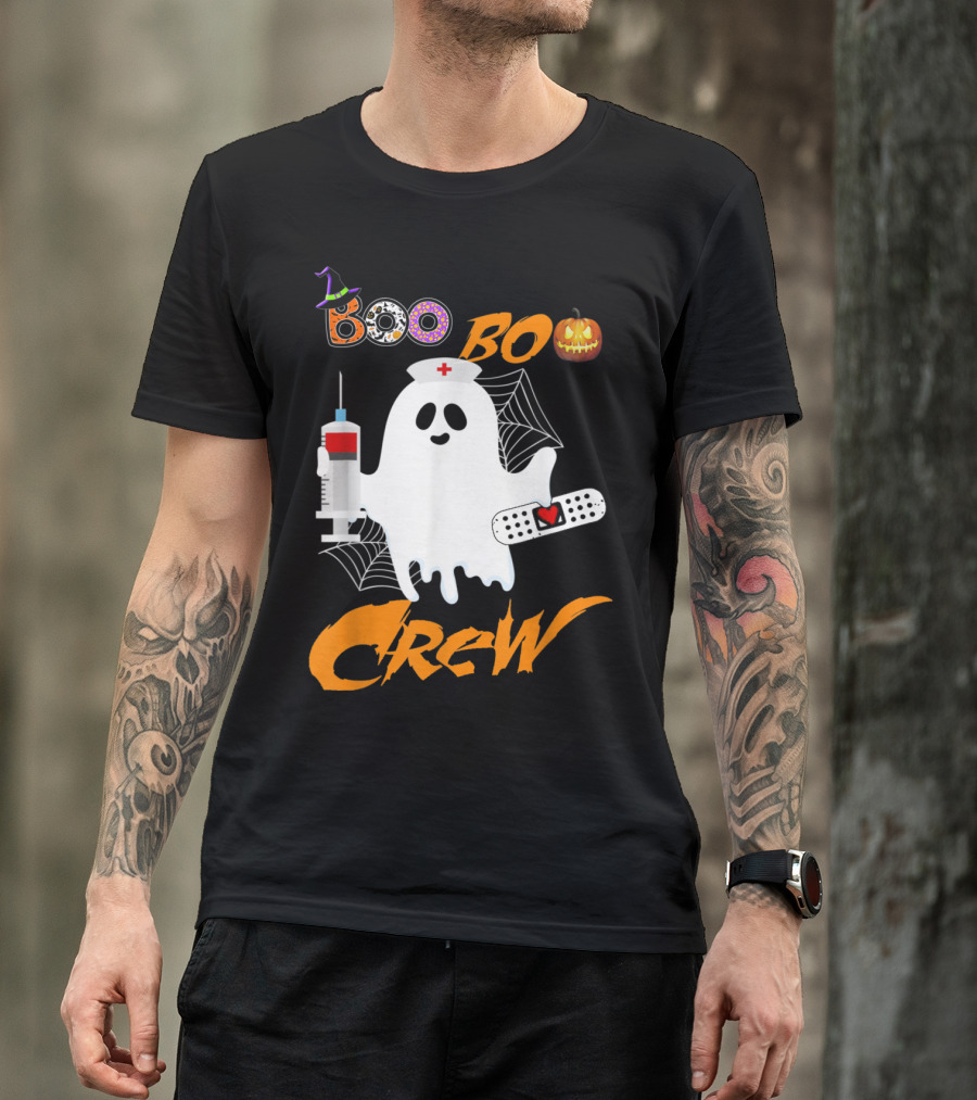 Boo Boo Crew Nurse Ghost Funny Halloween Costume With Syringe And Spider Webs T-Shirt