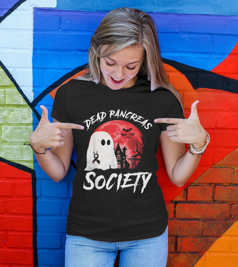 Dead Pancreas Society Halloween Ghost With Diabetes Awareness Ghostly Castle And Blood Moon T-Shirt