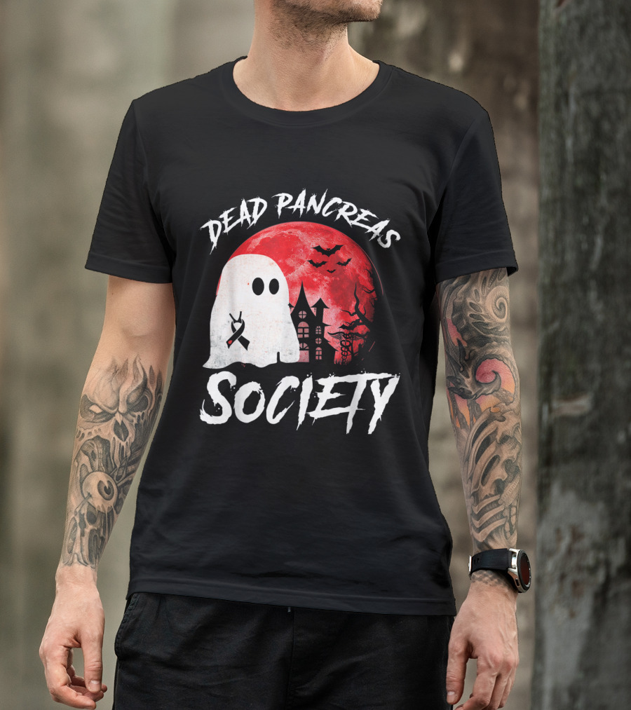 Dead Pancreas Society Halloween Ghost With Diabetes Awareness Ghostly Castle And Blood Moon T-Shirt